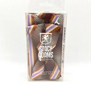 Stacy Adams Bow Tie and Hanky Set Microfiber Brown Purple Stripe Checkered‎